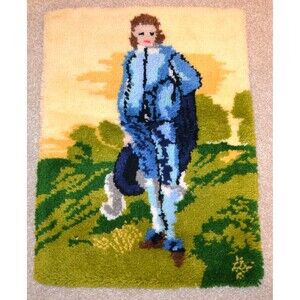 Wall Hanging French Blue Boy Latch Hook Maximalism Victorian Colonial